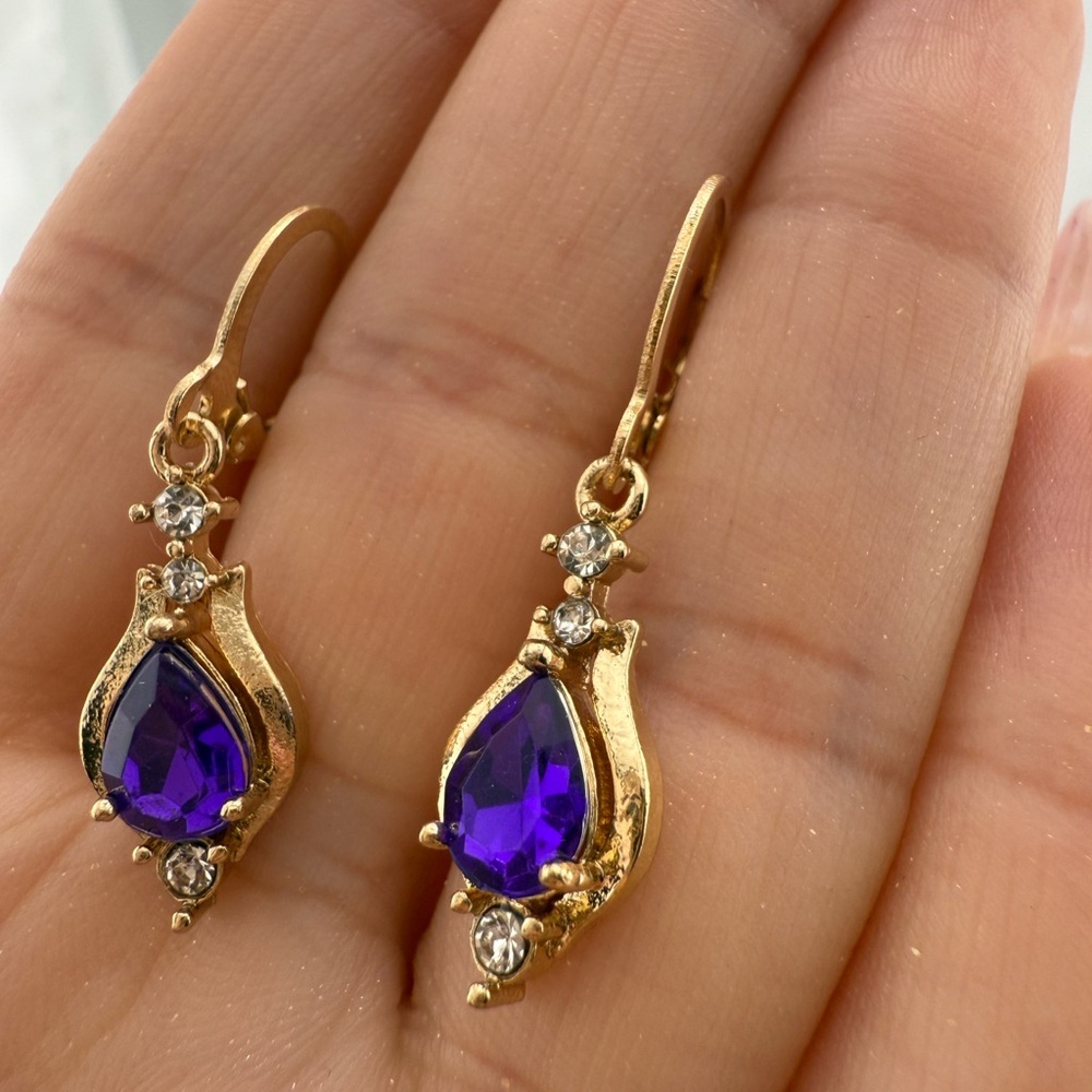 Gold and Purple Teardrop Earrings with Sparkling Accents - Picture 3 of 8
